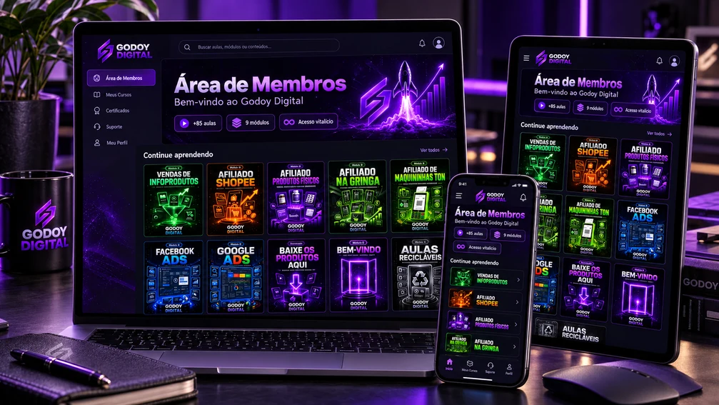 Área de membros Godoy Digital no computador, tablet e celular